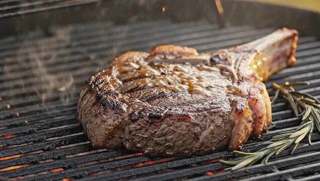 Grilled Tomahawk Steak: A perfectly grilled tomahawk steak, showcasing its rich, charred exterior and juicy, tender interior, is displayed on a hot grill, complemented by sprigs of rosemary.
