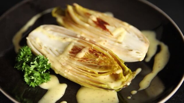 Chicory dish roasted or stewed vegetable preparation tasty snack fresh gourmet food background on the table rustic food top view copy space keto and paleo diet vegetarian and vegan food 