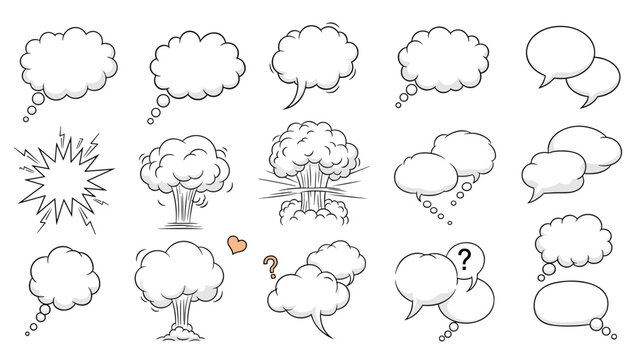 Extensive collection of blank comic book style speech bubbles and explosion clouds in various shapes and sizes for dialogue and action.