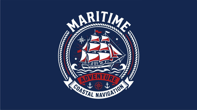 Maritime Adventure Coastal Navigation Vintage Sailing Ship Emblem.