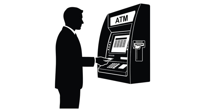 A sharply defined silhouette depicts a suited person using an automated teller machine for a transaction silhouette