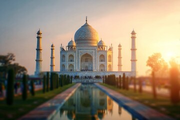 Famous white marble mausoleum reflects in long rectangular pool during a warm sunrise