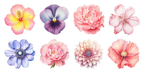Fototapeta premium PNG Vibrant watercolor floral illustrations, transparent background