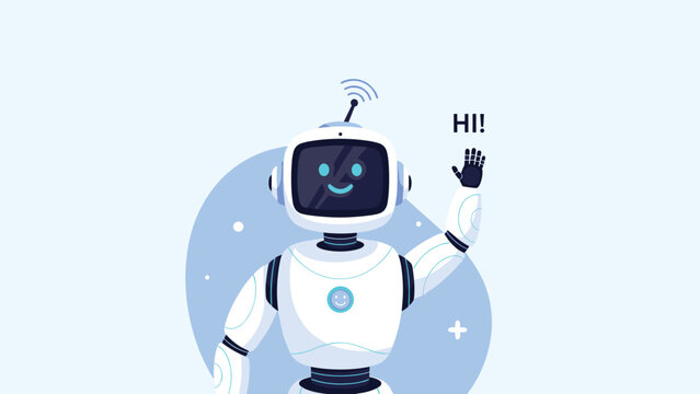 Modern white robot character with a smiling digital face waving its hand in a friendly greeting on a light blue background with icons.