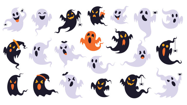 Collection of various cartoon ghost illustrations with different facial expressions for halloween decorations and spooky themes.