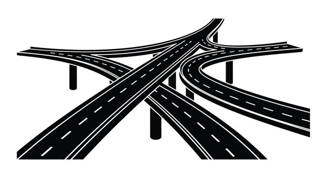 A complex network of elevated highways and overpasses is depicted in a stark high contrast silhouette high quality