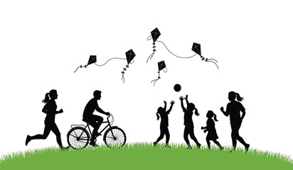 Obraz premium A silhouette illustration of a diverse group of people enjoying various outdoor physical activities