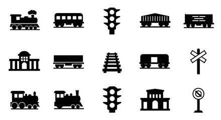 Black train and railway transportation silhouette icons set © joo