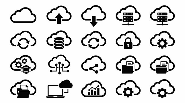 Black technology cloud computing data network icons set