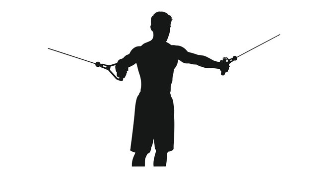 A muscular man performs a cable fly exercise arms extended demonstrating strength and fitness a silhouette high quality