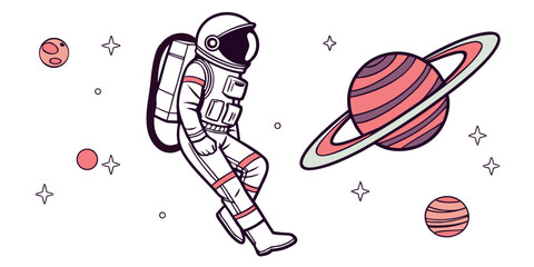 An astronaut floating in space with a planet and a satellite in the background © Gf