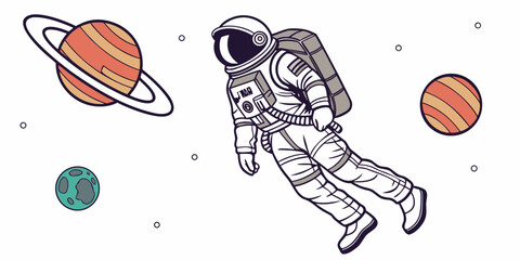 An astronaut floating in space surrounded by various planets and a comet. © Gf