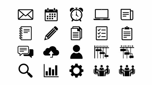 Business office management essential black line icons