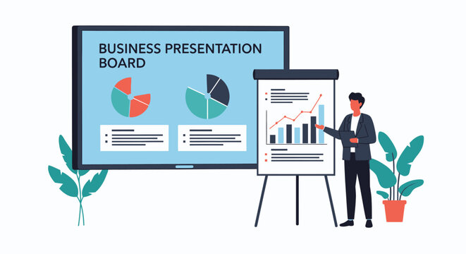 Businessman presenting data charts on board in modern office.