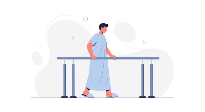 Patient walking with parallel bars for physical therapy and rehabilitation