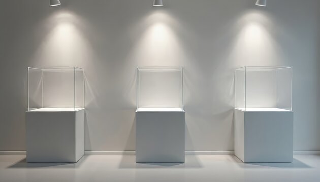 Three empty glass display cases on white pedestals under spotlights in a minimalist gallery. Modern interior for museum show or retail product presentation.