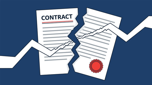 Broken business contract document torn in half with a red wax seal representing failed agreements and cancelled partnerships.