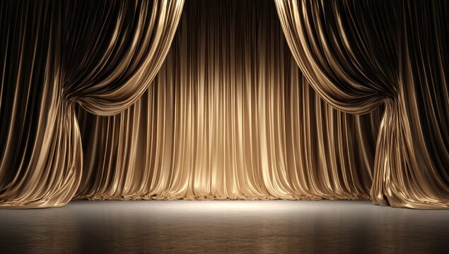 Elegant Golden Stage Curtains Illuminated by Soft Spotlight.
