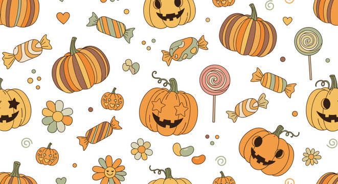 Cute Halloween Pumpkin and Candy Seamless Pattern with Flowers, Lollipops, and Sweet Treats for Autumn Holiday Textile, Wrapping Paper, Kids Fabric, and Festive Background Design