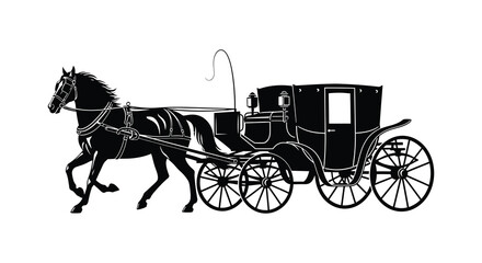 A detailed black and white illustration depicts a horse drawn carriage in motion showcasing a striking silhouette © Ajahar