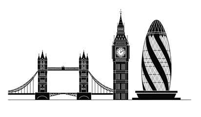 Fototapeta premium A black and white graphic illustration featuring iconic london landmarks including bridge and tower