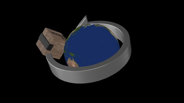 3D rotating globe with arrow and parcel pointing toward India, representing worldwide logistics, international shipping routes, and cross-border trade delivery.