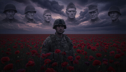 Fototapeta premium Modern soldier standing in field of red poppies with ghostly images of past warriors in sky. Tribute to fallen heroes for Memorial Day, Veterans Day and Remembrance Day patriotic observance.