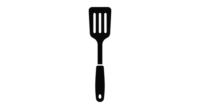 A simple black silhouette depicts a kitchen utensil a slotted spatula against a white background silhouette high quality