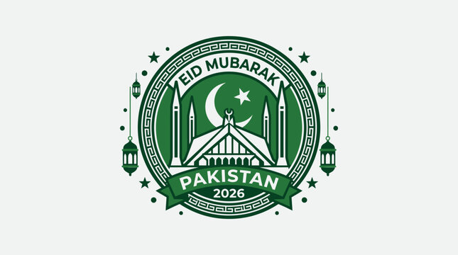 Eid Mubarak Pakistan 2026 circular green badge with Faisal Mosque and lanterns
