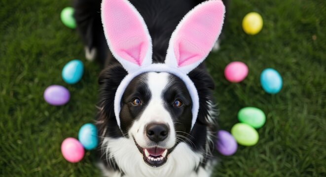 Black and white dog wearing bunny ears with colorful easter eggs on grass pink
