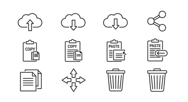 Digital line icons for cloud, copy, paste, delete, share actions