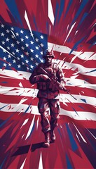 Obraz premium Soldier holding rifle standing in front of American flag. Military veteran in uniform for Memorial Day and Independence Day. Patriotic graphic illustration of armed forces defender hero.