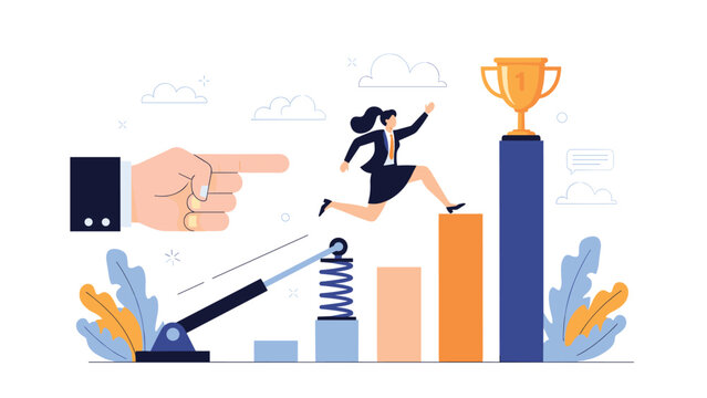 Professional businessman jumping up bar chart stairs toward golden trophy guided by giant corporate hand pointing the way.