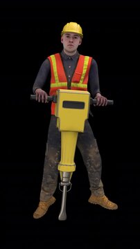 Builder man with jackhammer - 3d render looped with alpha channel.