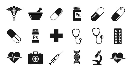 Fototapeta premium Flat design medical and healthcare icons collection on black background