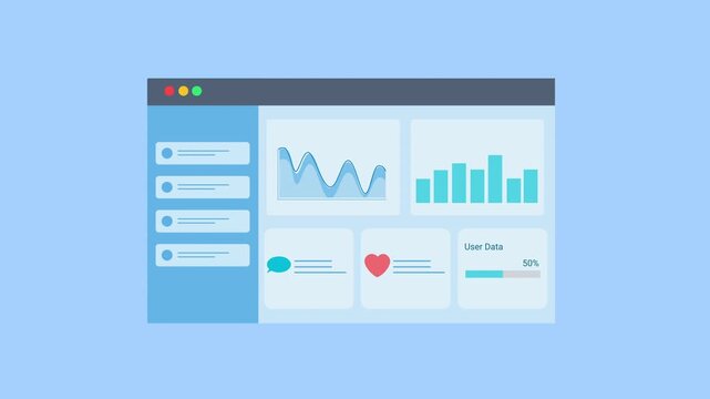 Animated data analytics dashboard interface with charts, graphs, and engagement icon. Flat vector motion design representing digital monitoring, user activity metrics, and business analytics panel.