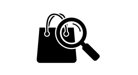 Magnifying glass over shopping bag for product search.