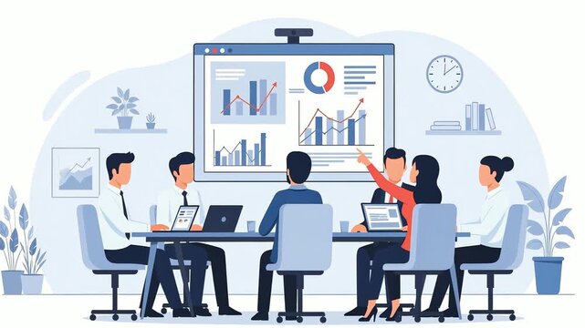Business team collaborating in a modern office meeting. Analyzing charts and data on a large screen during a presentation. Corporate strategy and teamwork concept. Flat illustration animated graphics