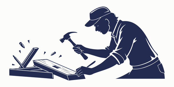 A craftsman is meticulously working on a piece of wood with a hammer and chisel.