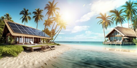 Eco bungalow with roof solar panels, sustainable energy resort, green tourism concept, sunny seafront, digital cartoon illustration.