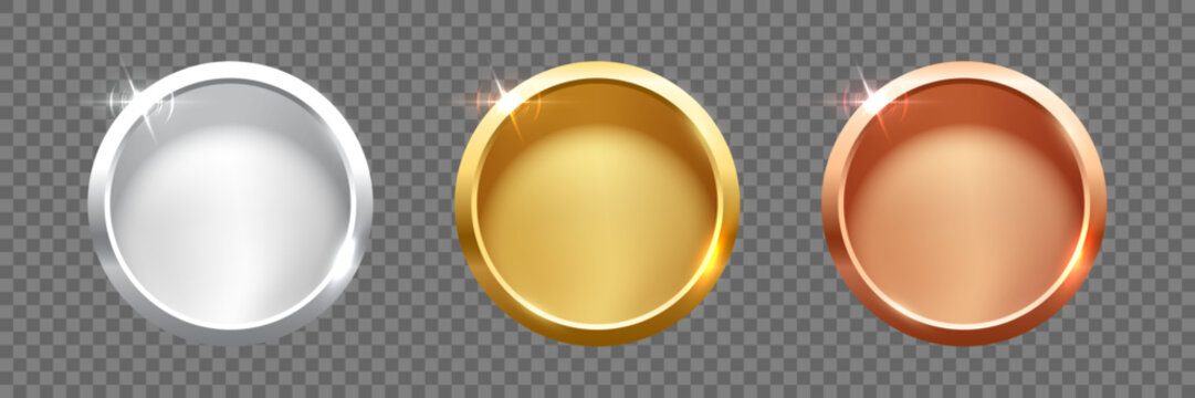 Gold, silver, bronze circle medals. Metal coins. First, second, third place award frames isolated on transparent. Winners trophy. Blank shiny badge, label. Realistic vector illustrations set.