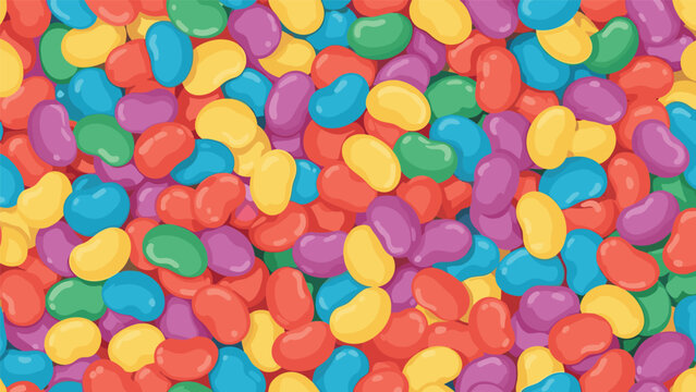 Seamless background pattern filled with many colorful jelly bean candies in various bright shades of red yellow green blue and purple.
