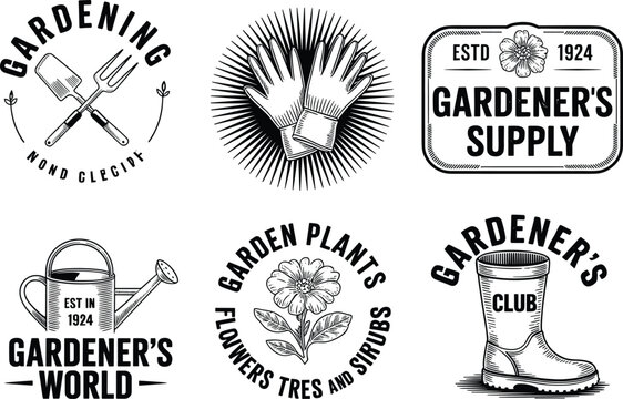 Vintage gardening logos and emblems with text and illustrations Keywords: gardening, logo, emblem, badge, vintage, retro, estd