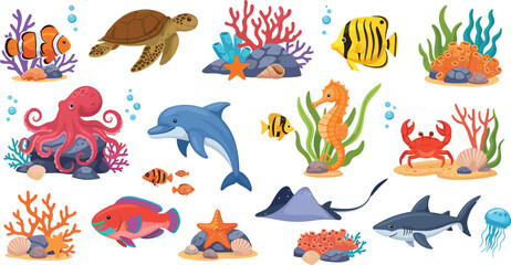 Underwater Sea Animal Vector Collection with Cartoon Shark Dolphin Turtle Octopus Seahorse Crab and Colorful Coral Reef Elements for Children Education Designs