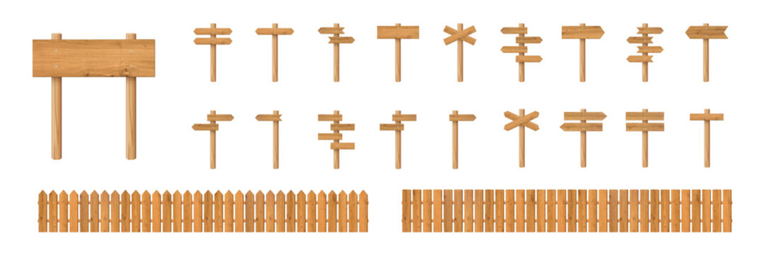 Wooden sign board set. Wood 3d poles with multiple arrows and posts in different layouts and farm fence isolated on light. Rustic natural realistic vector illustration.