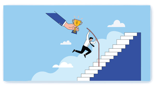 Motivated businessman pole vaulting up a set of stairs towards a giant hand holding a golden trophy cup in a blue sky.