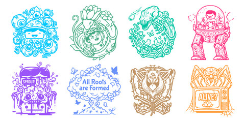 Obraz premium Quirky vintage gothic cartoon spring vector icon bundle featuring surreal botanical illustrations creepy nature creatures and weird graphic design elements