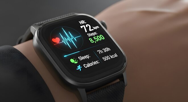 Smartwatch displaying heart rate steps and calories burned on a wrist screen