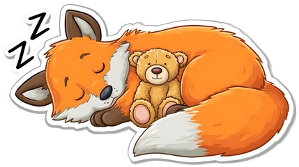 Obraz premium Cute Sleeping Fox Hugging Teddy Bear Illustration.