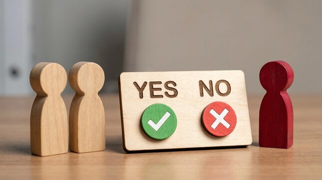 A wooden block displays YES with a green check and NO with a red X, surrounded by figurines, symbolizing decision-making, voting, agreement, disagreement, and choice.